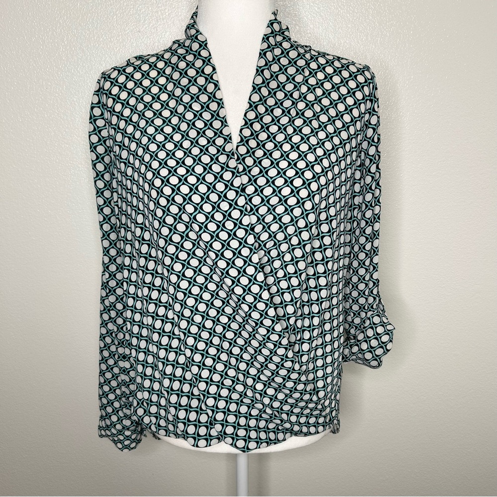 Pleione Womens Teal Green Polka Dot Long Sleeve Hi-Low Faux Wrap Top Size S EUC